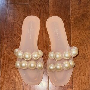 Chinese Laundry Blush Pink Slide Sandals with Pearl Straps